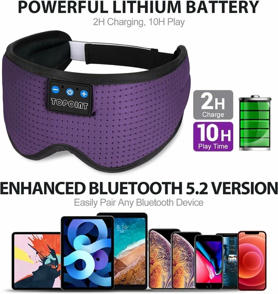 TOPOINT Uyku Kulaklıkları Bluetooth Uyku Maskesi - Mor - 3