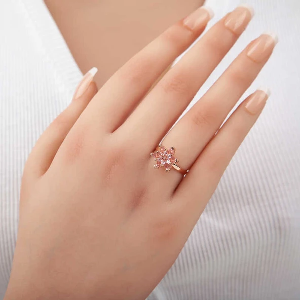 Özel Kutu ve Gümüş Bezi İle Gümüş Rose Pembe Taşlı Lotus Çiçeği Kadın Yüzük - 2
