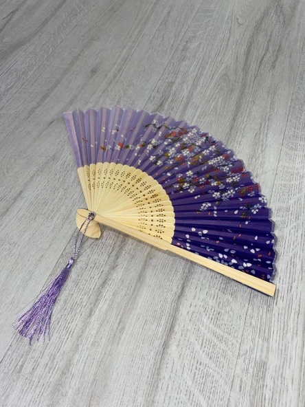 Beluga Yelpaze Bambu Vintage Mor Çiçekli Şık Püsküllü Japon Yelpaze 0341