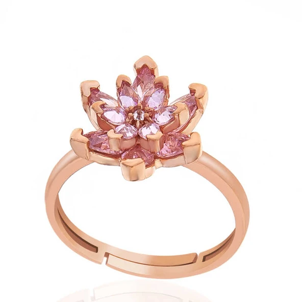 Özel Kutu ve Gümüş Bezi İle Gümüş Rose Pembe Taşlı Lotus Çiçeği Kadın Yüzük