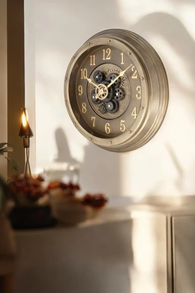 Efe Mark Premium Serisi Antik Eskitme Kadranlı Döner Çarklı Ev ve Ofis Duvar Saati Kabartma Latin Rakamlı 40 CM Gold - Resim 3