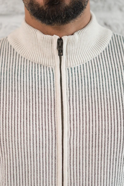 San&Fa Dik Yaka Çizgili Fermuarlı Regular Fit Yünlü Triko Hırka - 4