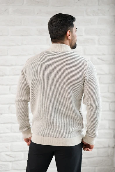 San&Fa Dik Yaka Çizgili Fermuarlı Regular Fit Yünlü Triko Hırka - 5