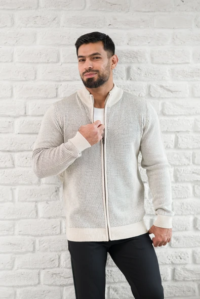 San&Fa Dik Yaka Çizgili Fermuarlı Regular Fit Yünlü Triko Hırka - 3