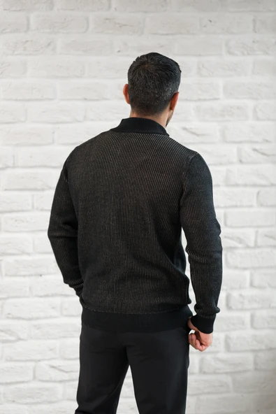 San&Fa Dik Yaka Çizgili Fermuarlı Regular Fit Yünlü Triko Hırka - 9