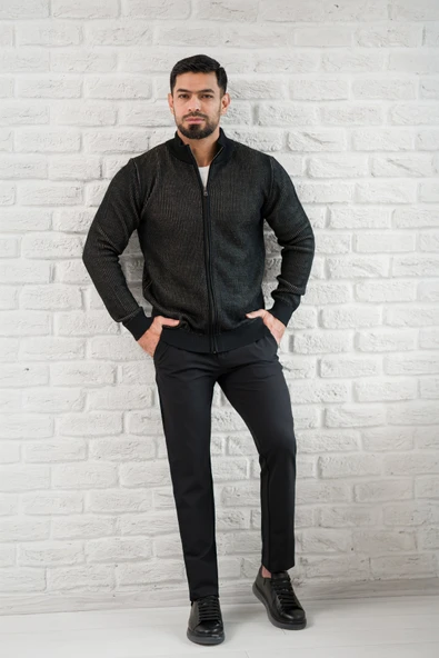 San&Fa Dik Yaka Çizgili Fermuarlı Regular Fit Yünlü Triko Hırka - 6