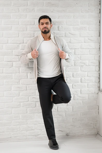 San&Fa Dik Yaka Çizgili Fermuarlı Regular Fit Yünlü Triko Hırka