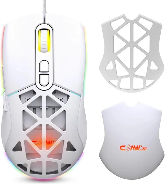 Claw's Nexus X1 12800 Dpi Wide RGB Özel ABS Doku, Claw's Reflex Örgü Kablolu & Değiştirilebilir Kapaklı Gaming Mouse - Beyaz