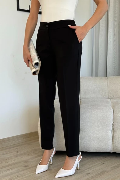 Cep Detaylı Bilek Boy Kadın Kumaş Pantolon 6011-Siyah - 3