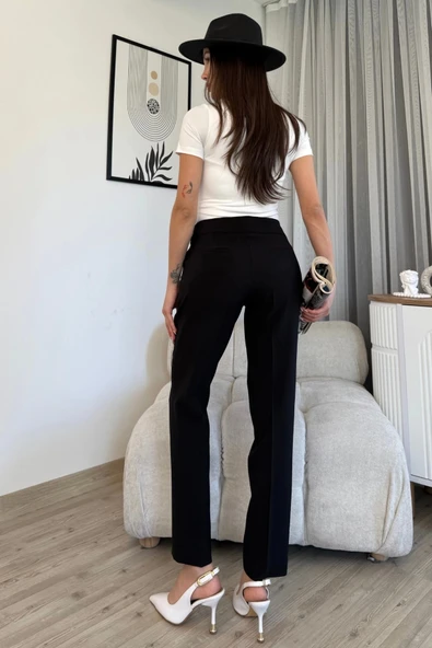 Cep Detaylı Bilek Boy Kadın Kumaş Pantolon 6011-Siyah - 5