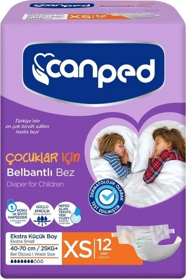 Canped Tekstil Yüzeyli Belbantlı Ekstra Küçük Boy XS 12'li Çocuk Hasta Bezi