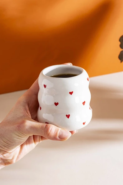 Rivaİstanbul Mini Kalpler Amore El Yapımı Seramik Double Kahve Bardağı Mug Kupa - Resim 3