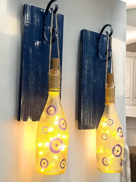 Nazar Boncuklu Peri LED Işıklı Ahşap Panel Ferforje Aplik – Vintage & Mistik Ev Dekorasyonu - 1