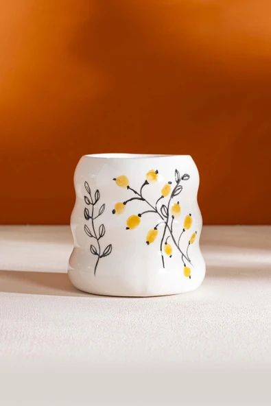 Sarı Çiçekler Amore El Yapımı Seramik Double Kahve Bardağı Mug Kupa - 2