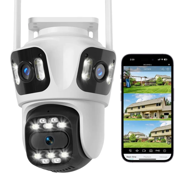 QASUL IP Kamera 6K HD Üç Ekranlı Harici WiFi Kamera Dış Mekan 4K Çift Lens Otomatik Takip