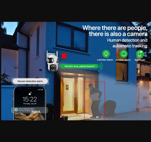 QASUL IP Kamera 6K HD Üç Ekranlı Harici WiFi Kamera Dış Mekan 4K Çift Lens Otomatik Takip - 5