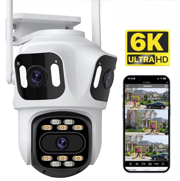QASUL IP Kamera 6K HD Üç Ekranlı Harici WiFi Kamera Dış Mekan 4K Çift Lens Otomatik Takip - 2