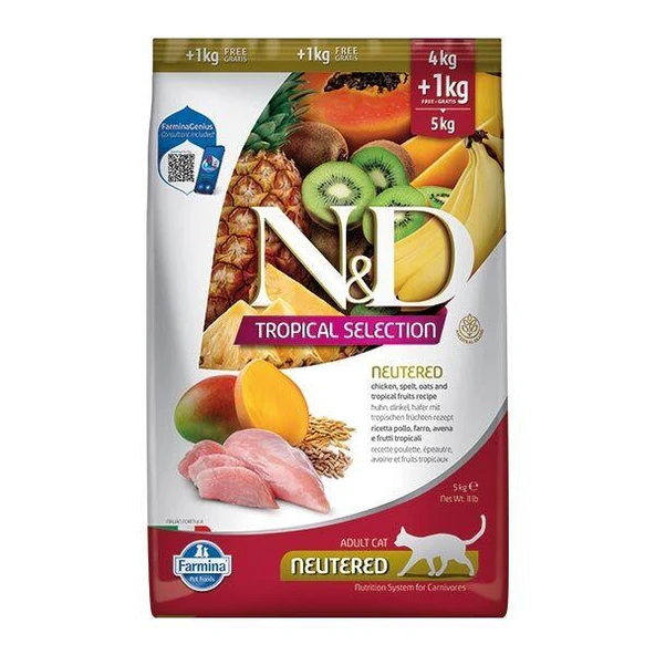 N&D Tropical Selection Tavuklu ve Tropikal Meyveli Kısırlaştırılmış Kedi Maması 5 Kg ürün görseli 1