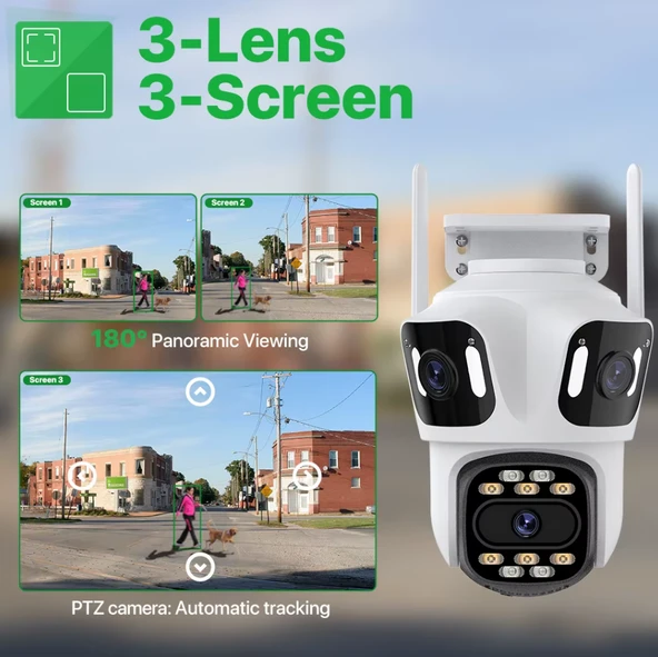 QASUL IP Kamera 6K HD Üç Ekranlı Harici WiFi Kamera Dış Mekan 4K Çift Lens Otomatik Takip - 4