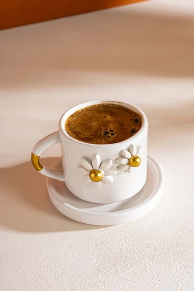 Gold Papatya Amore El Yapımı Seramik Double Kahve Fincanı Mug Kupa - 4