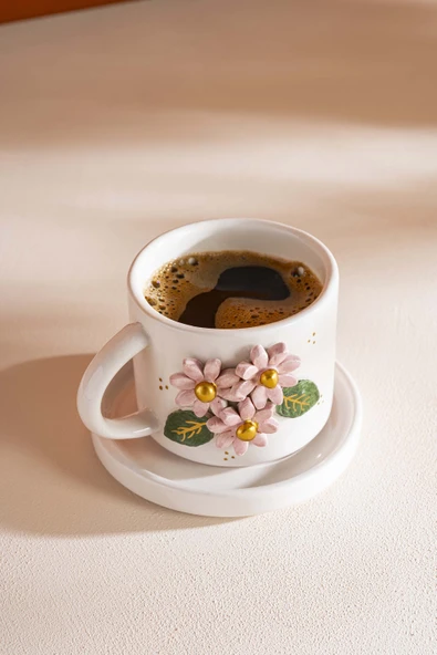 Pembe Çiçekli Amore El Yapımı Seramik Double Kahve Fincanı Mug Kupa - 4