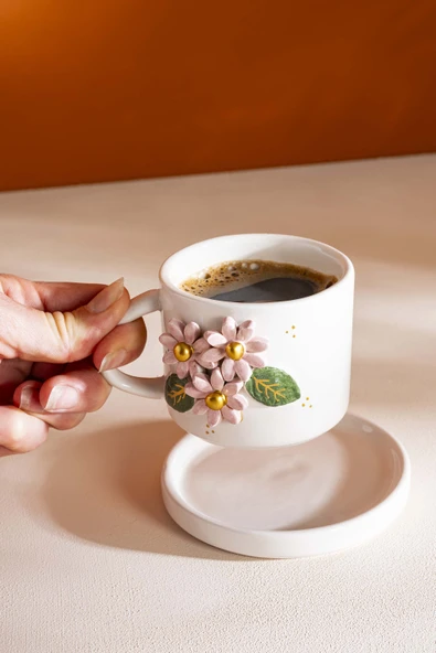Pembe Çiçekli Amore El Yapımı Seramik Double Kahve Fincanı Mug Kupa - 3