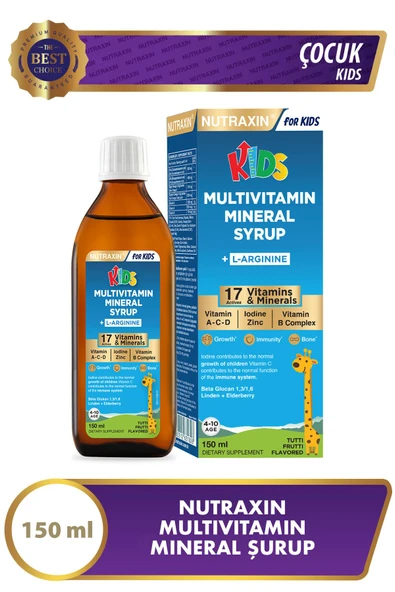 Nutraxin Kids Multivitamin Mineral Şurup 150 Ml - L-Arjinin, Beta-Karoten, Beta Glukan, Kara Mürver - Çocuk
