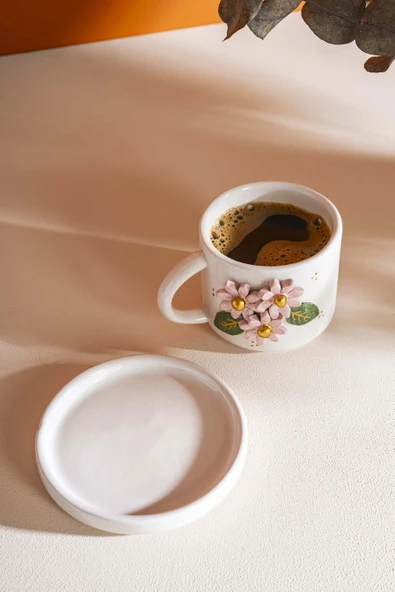 Pembe Çiçekli Amore El Yapımı Seramik Double Kahve Fincanı Mug Kupa - 5
