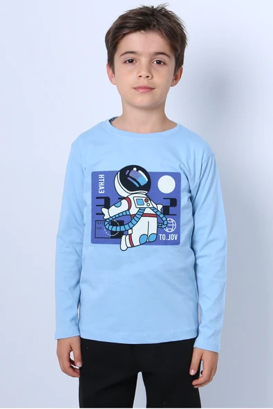 ERKEK ÇOCUK UZUN KOLLU TSHİRT ASTRONOT BASKILI BİSİKLET YAKA B40