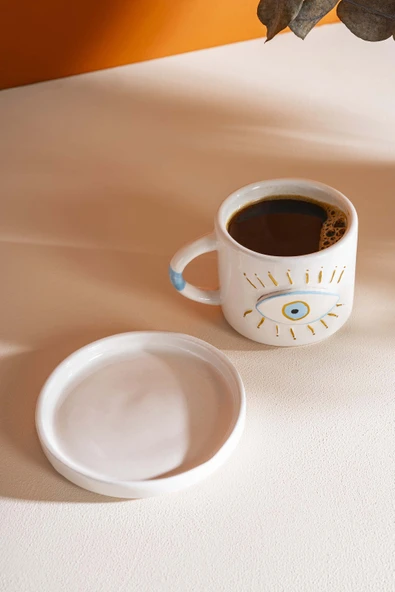 Göz Desenli Amore El Yapımı Seramik Double Kahve Fincanı Mug Kupa - 4