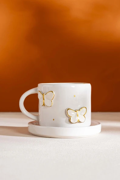 Gold Kelebek Amore El Yapımı Seramik Double Kahve Fincanı Mug Kupa - 3