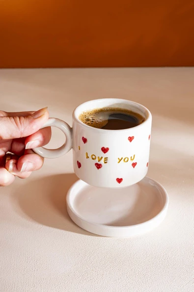 I Love You Amore El Yapımı Seramik Double Kahve Fincanı Mug Kupa - 3