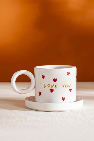 I Love You Amore El Yapımı Seramik Double Kahve Fincanı Mug Kupa - 2
