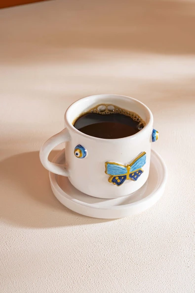 Rivaİstanbul Kelebek Amore El Yapımı Seramik Double Kahve Fincanı Mug Kupa - Resim 3