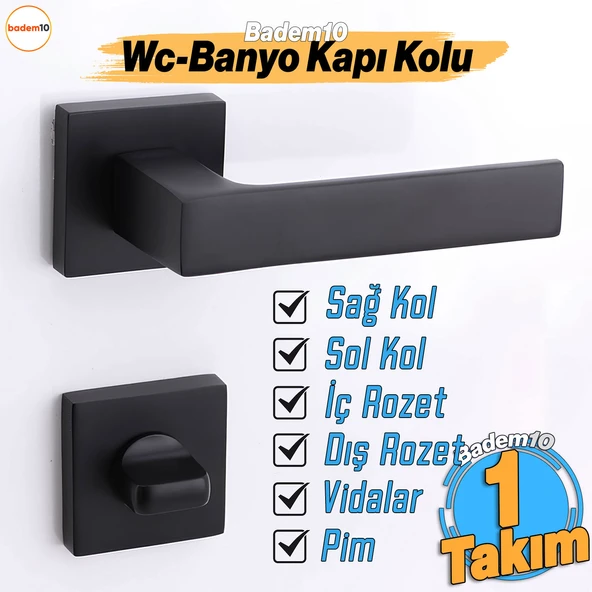 Paytak WC Banyo Siyah Kapı Kolu Kare Rozetli Sağa Sola Uygun İç Dış Wc Kapısı Kilitlenebilir 1 Takım