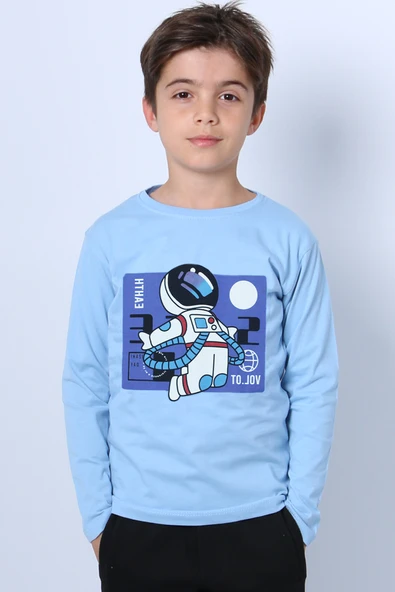 ERKEK ÇOCUK UZUN KOLLU TSHİRT ASTRONOT BASKILI BİSİKLET YAKA B40 - Resim 2