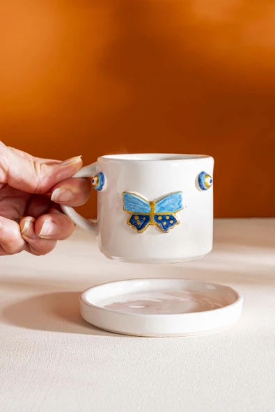 Rivaİstanbul Kelebek Amore El Yapımı Seramik Double Kahve Fincanı Mug Kupa - Resim 4