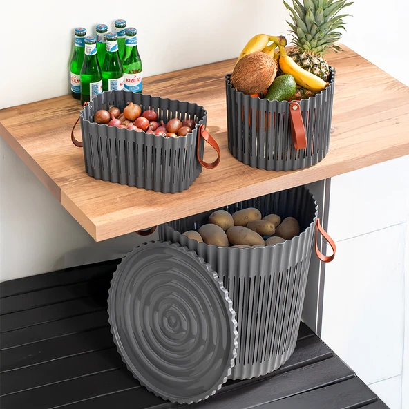 Porsima 4314 Antrasit 3'lü Sepet Seti – Banyo Mutfak Organizeri, Tezgah Üstü ve Kirli Çamaşır Sepeti - Resim 2