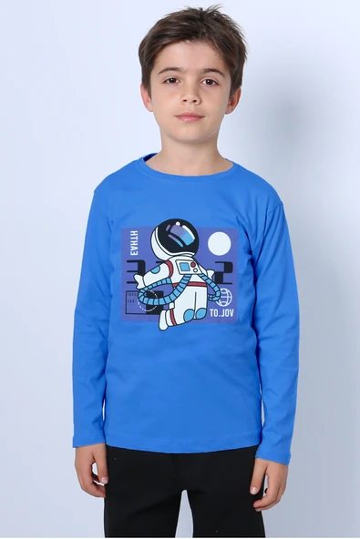 ERKEK ÇOCUK UZUN KOLLU TSHİRT ASTRONOT BASKILI BİSİKLET YAKA B40 - Resim 5