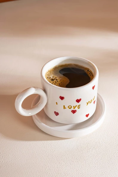 I Love You Amore El Yapımı Seramik Double Kahve Fincanı Mug Kupa - 4