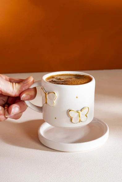 Gold Kelebek Amore El Yapımı Seramik Double Kahve Fincanı Mug Kupa - 2