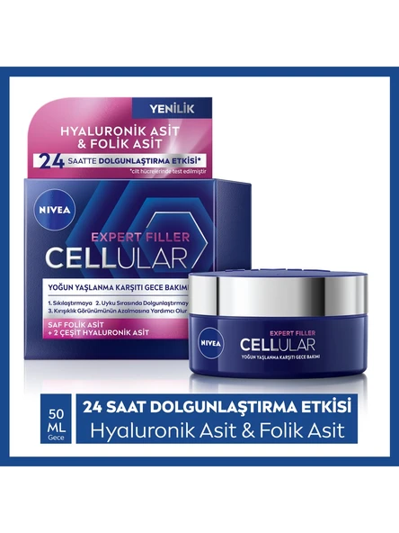 NIVEA Cellular Expert Filler Yoğun Yaşlanma Karşıtı Gece Yüz Bakım Kremi 50 ml, Hyaluronik Asit ve Folik Asit