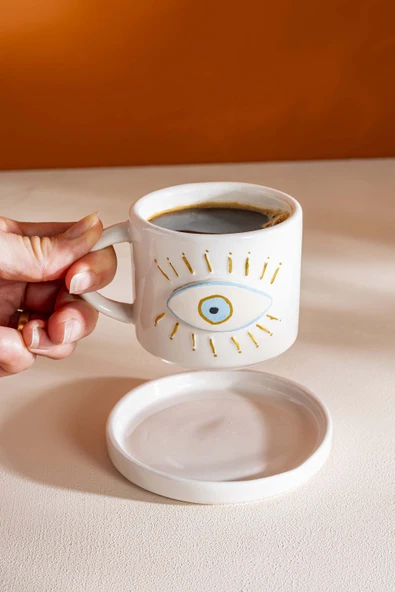 Göz Desenli Amore El Yapımı Seramik Double Kahve Fincanı Mug Kupa - 3