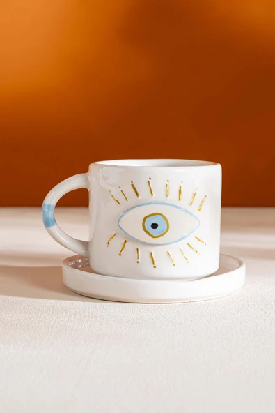 Göz Desenli Amore El Yapımı Seramik Double Kahve Fincanı Mug Kupa - 2