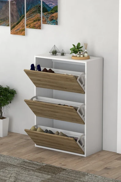 3 Kapaklı Kayar Raflı Ayakkabılık Çam - 5
