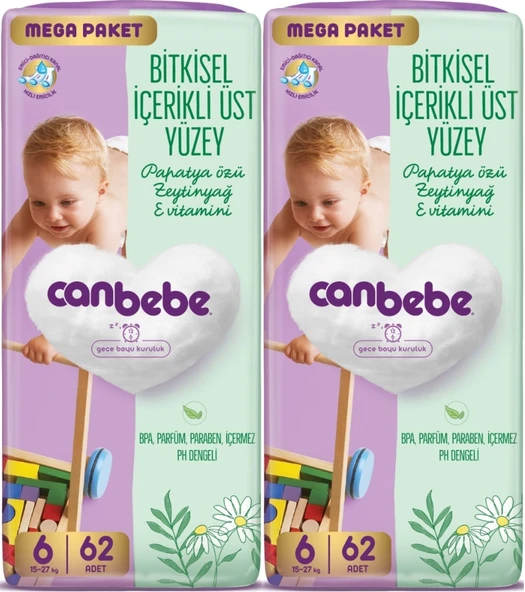 Canbebe Bebek Bezi Beden:6 (15-27KG) Exstra Large 124 Adet Mega Ekonomik Fırsat Pk ürün görseli