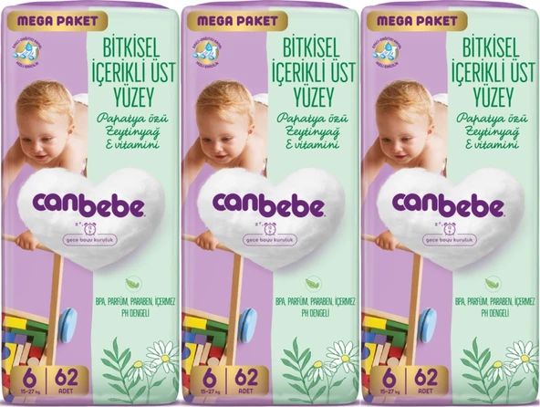 Canbebe Bebek Bezi Beden:6 (15-27KG) Exstra Large 186 Adet Mega Aylık Fırsat Pk ürün görseli
