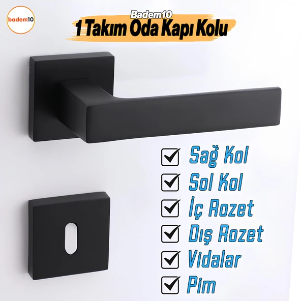 Paytak Oda Siyah Kapı Kolu Kare Rozetli Sağa Sola Uygun İç Dış Ev Oda Kapısı Kilitlenebilir 1 Takım