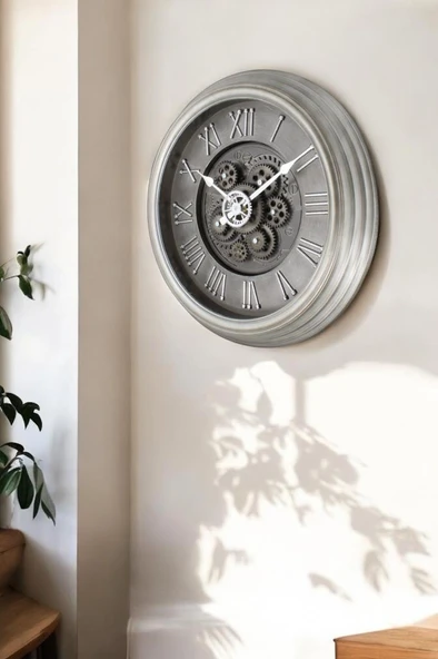 Efe Mark Premium Serisi Antik Eskitme Kadranlı Döner Çarklı Ev ve Ofis Duvar Saati Roma Rakamlı 40 CM Gri - Resim 3
