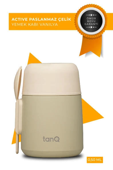 TanQ Ömür Boyu Garantili Bento Paslanmaz Çelik Yemek-Mama Termosu Vanilla 0.50 Lt- (17 Oz)